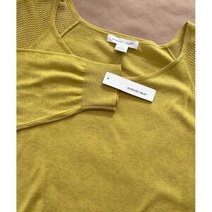 August Silk Women's Sweater Citron Heather Mesh Inset Scoop Neck XL NWT Neon
